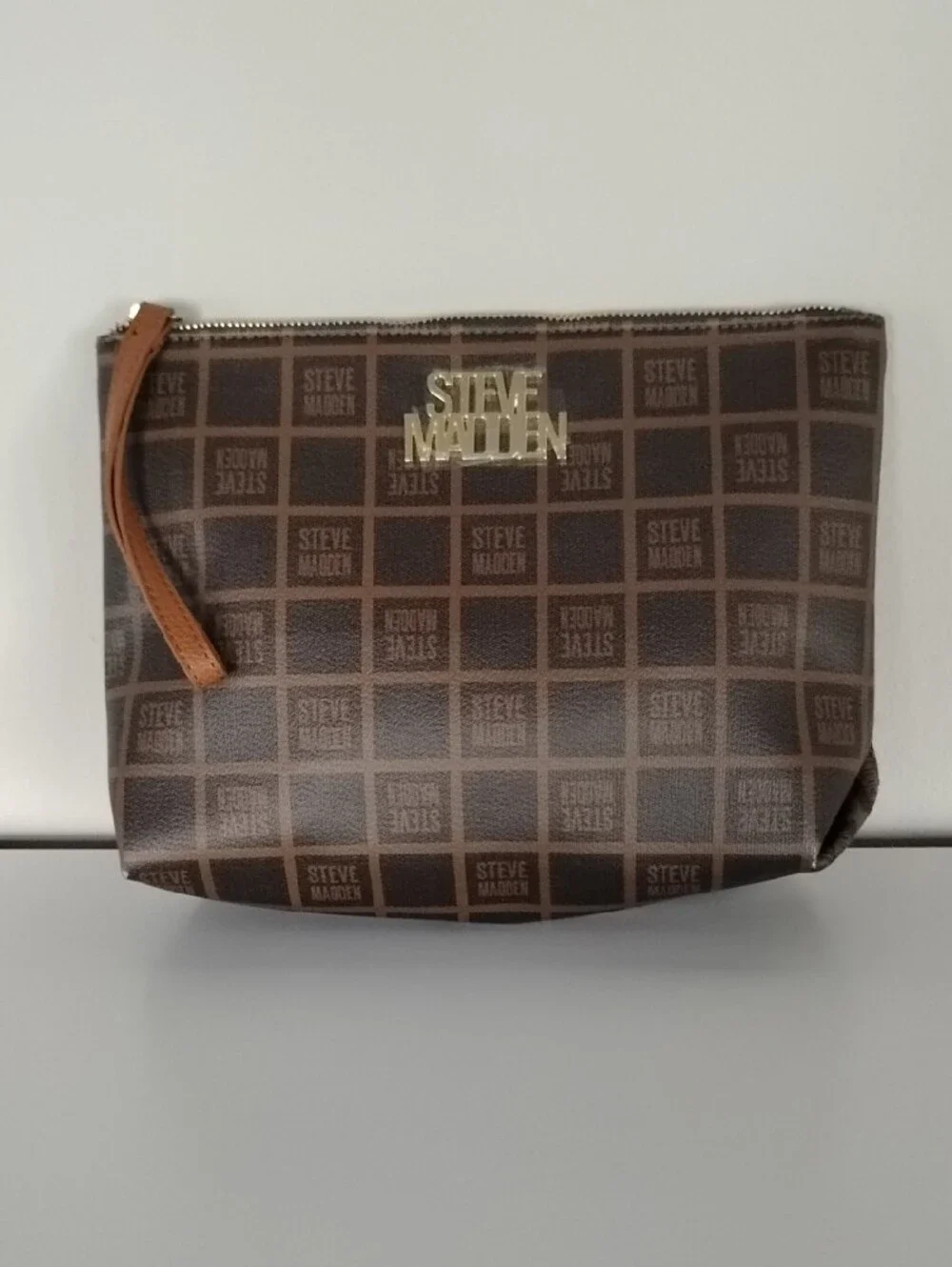 Steve Madden Brown Logo Toiletry Pouch with Wrist Strap